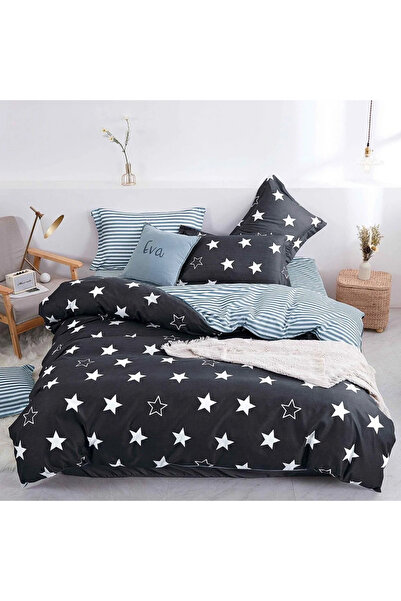 decorami Double bed linen, satin Cotton , classic sheet, 4 pieces, Gray, stars