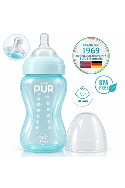 PUR Brand ПУР ®   Широкогърло шише за хранене 250 мл, синьо, над 6 месеца, ме...