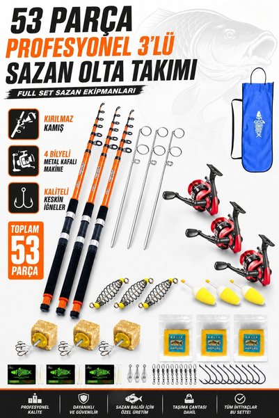 Fishack Profesyonel 3 lü Sazan Olta Takımı - 3.30MT- Kırılmaz Kamış Metal Kaf...