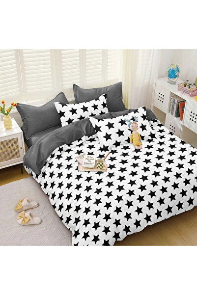 decorami Double bed linen, satin Cotton , classic sheet, 4 pieces, White, Bla...