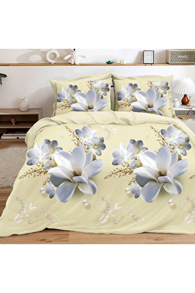 decorami Double bed linen, classic sheet, 3D print, Cream, flowers