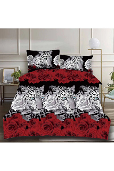 decorami Lenjerie pat dublu, cearsaf clasic, imprimeu 3D, Negru-Rosu, leoparz...