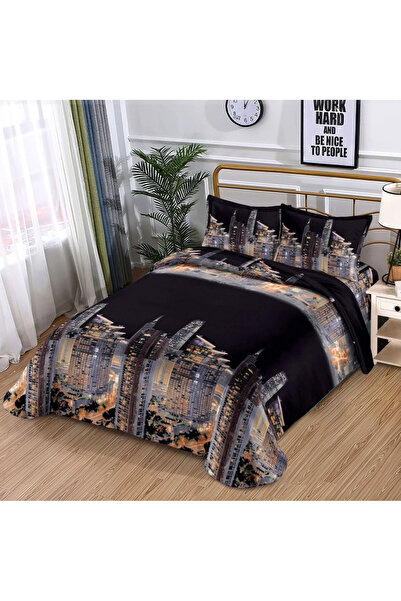decorami Lenjerie pat dublu, cearsaf clasic, imprimeu 3D, Negru, oras