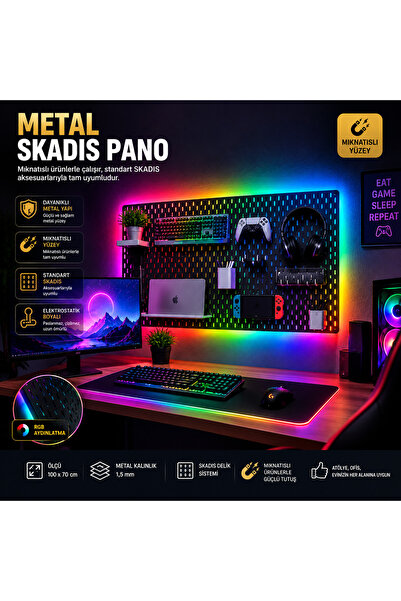 Işıklı SKADİS, Işıklı Gaming Duvar Panosu 100x70 cm – RGB LED'li, Mıknatıslı Metal SKADIS Pano, 1,5 mm Sac