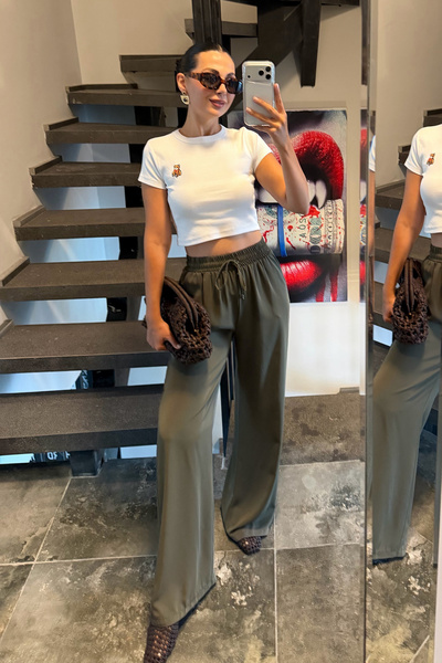 Seda Yalçın Atelier Beli Lastikli Bol Paça Pantolon Haki