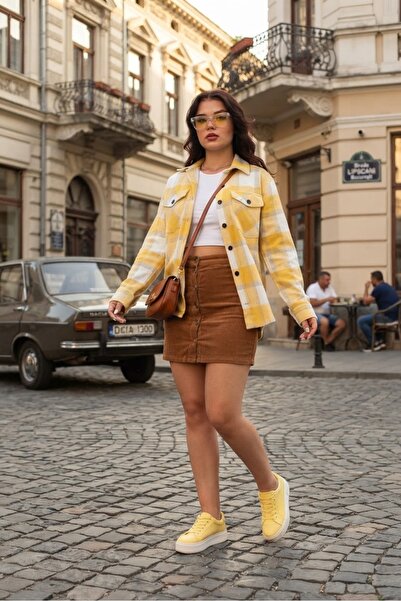 Polologin Butik Kadın Sarı Ekose Oduncu Gömleği & Sonbahar Sokak Modası Kombi...