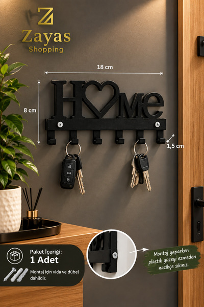 Zayas Shopping Home Kalp Tasarımlı 5 Kancalı Duvar Tipi Anahtarlık ve Askılık...