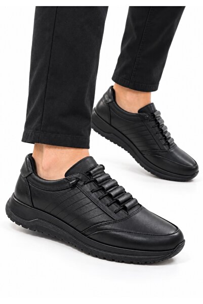Anıl Ayakkabı Bzc 202 Men's Black Genuine Leather Rubber Laced Orthopedic Lig...