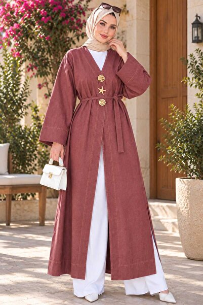 MissPuL Kuşaklı Oversize Denim Kimono Broş Detaylı Bordo
