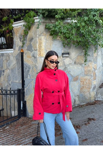 asyadabutik Trenci scurt de damă, cu guler tip mock neck