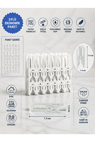 24'lü Paket 3D Tasarım Kırılmaz Esnek Çamaşır Mandalı | Yaysız Teknoloji | Güçlü Tutuş