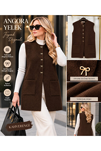 Ravello Collection Kadın Angora Dokulu Fiyonk Düğmeli Uzun Yelek – Standart B...