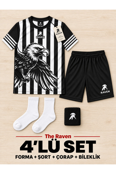 The RAVEN KARTAL BASKILI SİYAH PREMİUM ÇOCUK FUTBOL FORMASI 4 PARÇA FORMA + Ş...