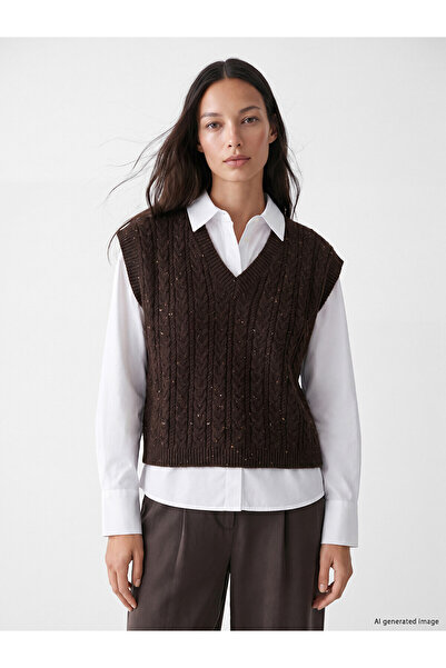 LC Waikiki Lcw Everyday Brown Knitwear Patterned Short Women's Sweater with N...
