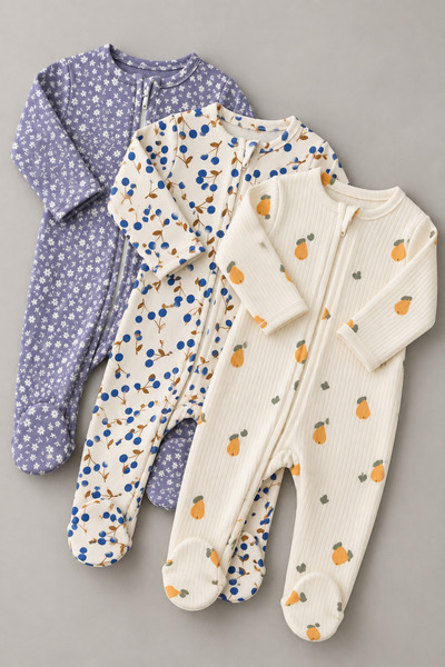 My Babies Label 3’lü Bebek Fermuarlı Patikli Tulum Seti – Çiçek, Meyve ve Des...