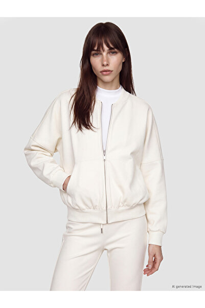LC Waikiki Lcw Vision White Interlock Plain Women's Zipper Sweatshirt with Ne...