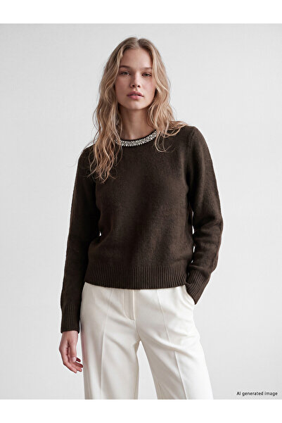 LC Waikiki Nevavm Farkıyla Lcw Vision Brown Knitwear Stone Oval Collar Women'...
