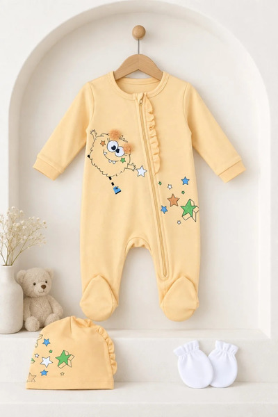 Tuğra Bebe Yellow Star Patterned Ruffled Zippered Baby Rompers with Booties, ...