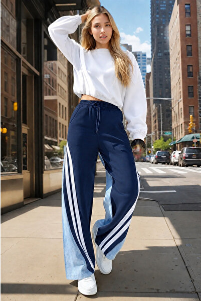 beeke Else Women's Navy Blue Ice Blue Jeans Detailed White Striped Elastic Wa...