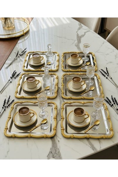 Melinda home 6 Adet Fiore Kare Tepsi Gold-Gümüş Paslanmaz Çelik Çay Kahve Ser...