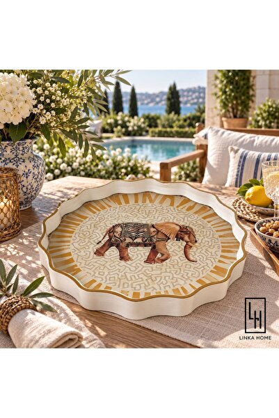 LinkaHome Salita Cam Gold Papatya Desen Çay Kahve Sunum Tepsisi 36CM