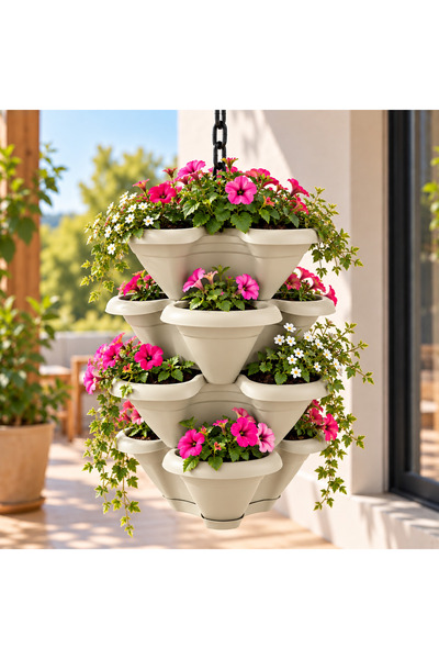 Poliwork Makrome Çok Katlı Asmalı Saksı 30 Litre 37x48 cm Askı Zincirli Dikey...