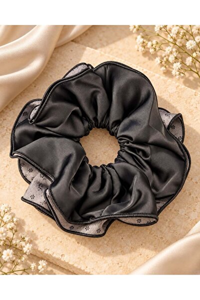 Kumru Studio Black-Grey 4 Layer Floral Pattern Ruffle Scrunchie Hair Clip