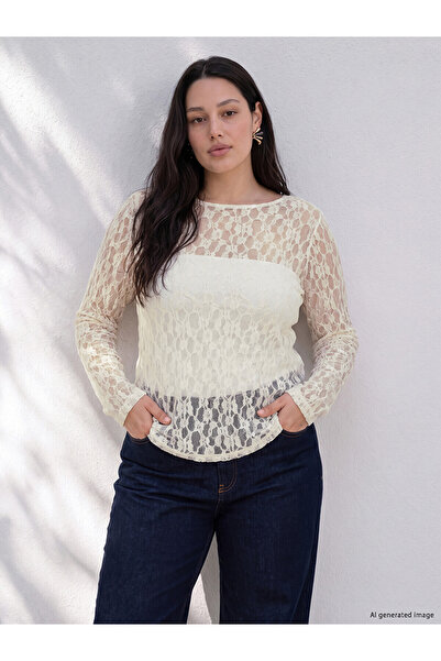 LC Waikiki Alita City Farkıyla Lcw Curve Ecru Lace Patterned Oval Neck Long S...