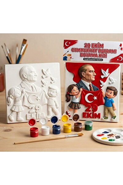 29 Ekim Cumhuriyet Bayramı Boyama Kiti - Atatürk ve Çocuklar Kabartmalı Alçı Tablo Seti