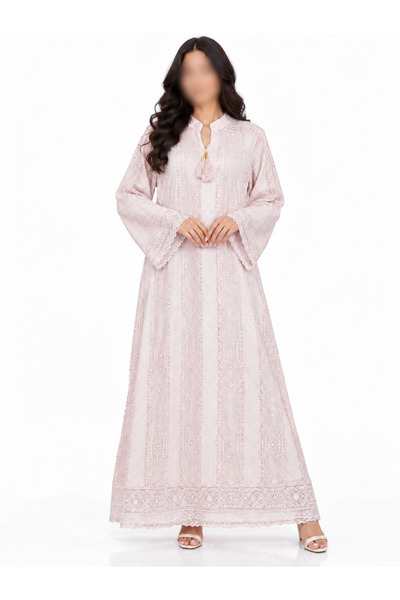 White colour جلابية نسائية مطرزة بالدانتيل مع أكمام واسعة