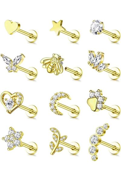 Yadoca 12Pcs 16G Tragus Earrings for Women Flat Back Cartilage Earring Stainl...