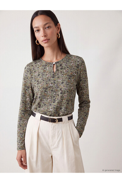 LC Waikiki Alita City Green Combed Cotton Floral Oval Neck Long Sleeve Women'...
