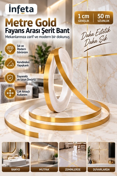 İnfeta Zlatna traka za pločice 1 cm x 50 metara samolepljiva dekorativna trak...