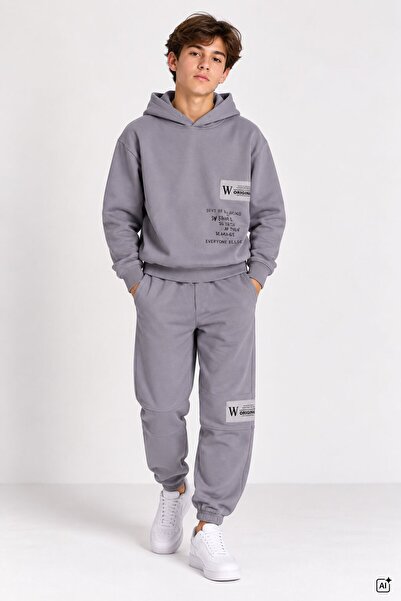 CansınMini Anthracite Boy's Hooded Tracksuit Set with Embroidered Lettering a...