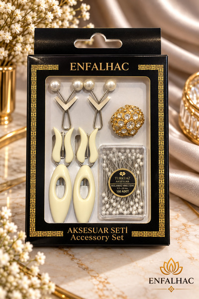 Eşarp ve Şal Aksesuar Seti – Lale ve Boncuk Tasarımlı Eşarp Klipsi, Eşarp İğnesi, 100 Adet Toplu İğne ve Mini Broş