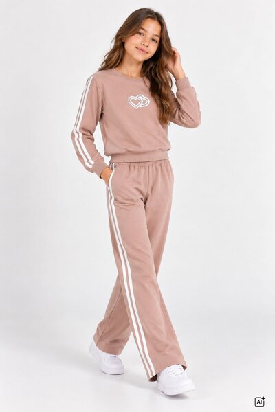 CansınMini Brown Girls' Sequined Heart Wide Leg Crew Neck Sweatpants Set 24813