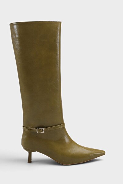 MODAADAM Women's Marci Short Heeled Buckle Boots - Green-Patent Leather