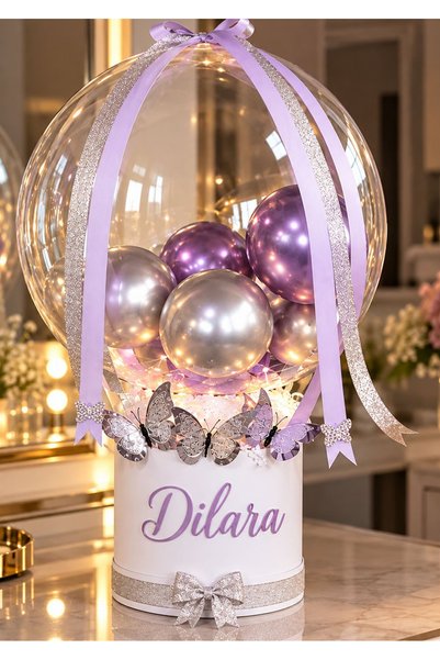 Solemia Kişiye Özel İsimli Lila Gümüş Balon Kutusu – Çift Kurdeleli Çiçek Kel...