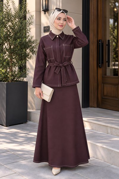 İmajButik Plum Waist Tie Jacket and Skirt Denim Set