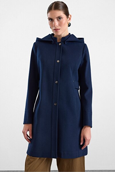 Olcay Snap Fastener and Stitching Detailed Detachable Hooded Coat Dark Blue 3191