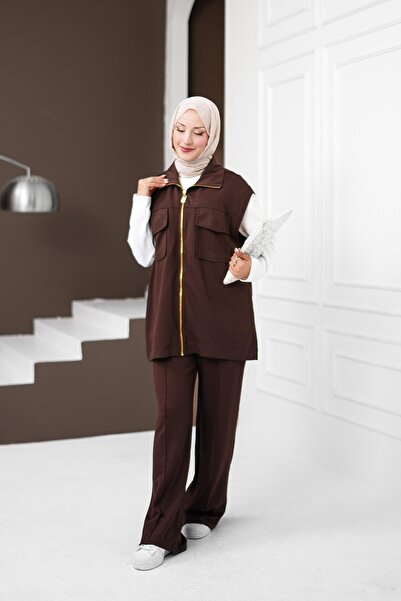 İmajButik Brown Ecru Zippered Vest and Trousers Modal Suit