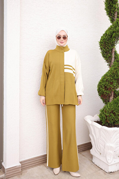 İmajButik Oil Green Striped Tunic and Trousers Knitwear Set