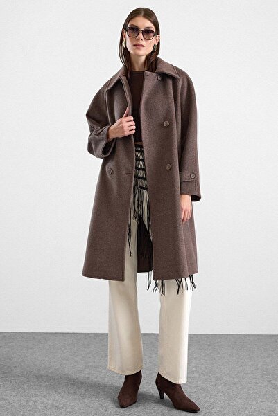 Olcay Reglan Sleeve Double-Breasted Large Size Coat Latte 3189