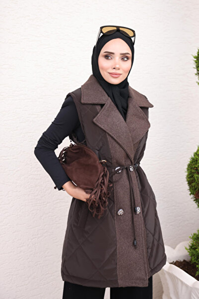 İmajButik Kahverengi Kaşe Detaylı Nova Yelek