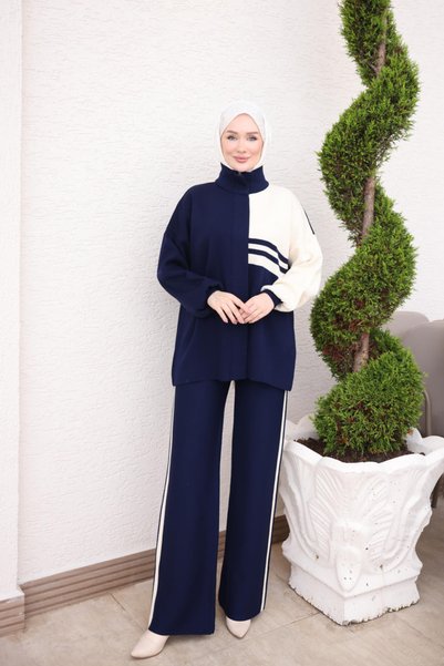 İmajButik طقم تريكو مخطط باللون الأزرق الداكن مع بنطلون