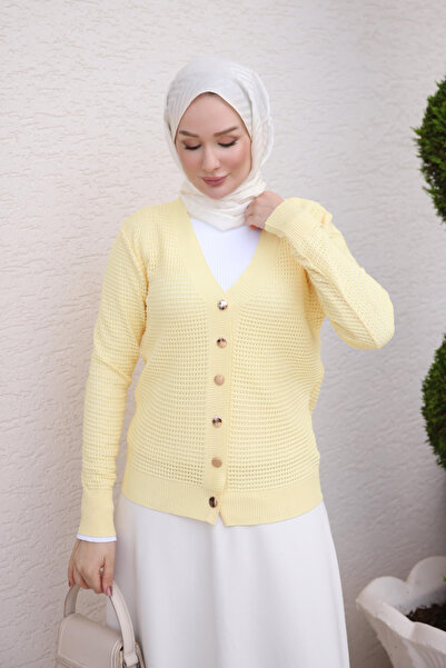İmajButik Yellow Buttoned Openwork Knitwear Cardigan