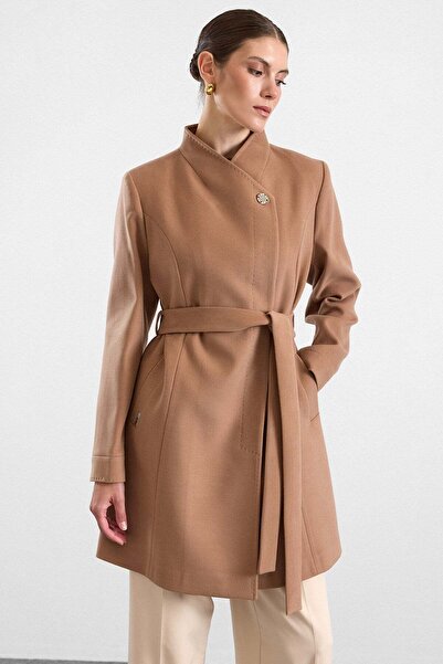 Olcay Punto Detailed Large Size Coat Kamel 3192