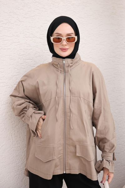 İmajButik Mink Oversize Collar Tie-Up Zipper Jacket