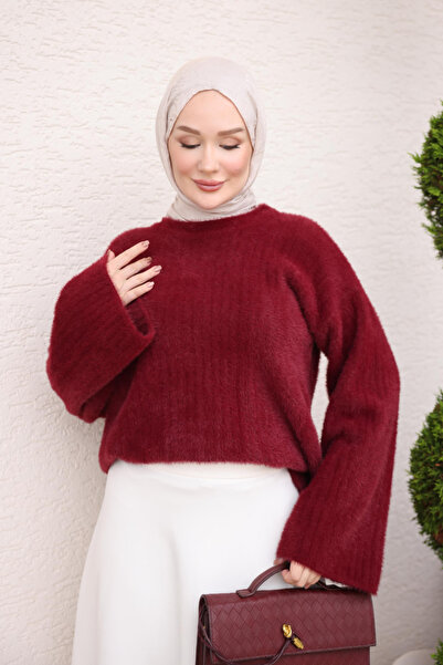 İmajButik Burgundy Wide Sleeve Angora Soft Knit Sweater