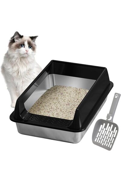 Generic Cat Stainless Steel Cat Litter Box, Splash-Proof Kitten Litter Box wi...